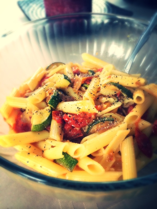 Roasted Garlic Vegetables and Penne, low-protein pasta dish, PKU-friendly pasta recipe